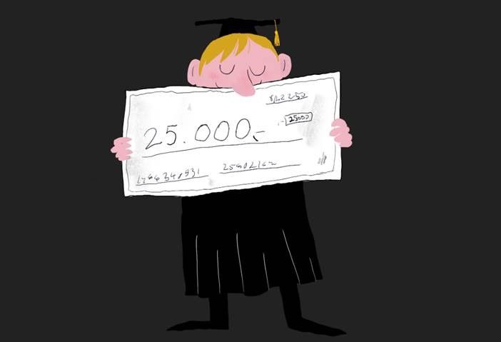 Illustrasjon av sjekk på kr 25.000 til beste masteroppgave.
