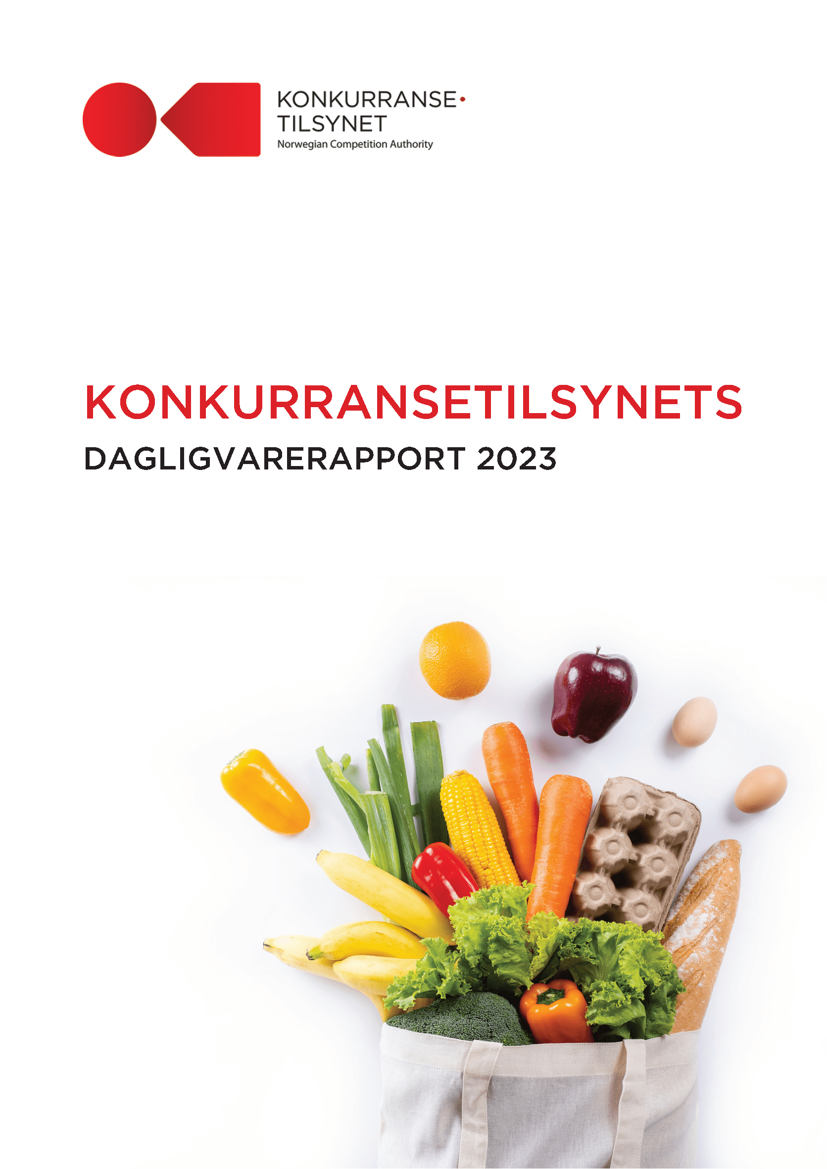 Forside med tittelen "Konkurransetilsynets dagligvarerapport 2023"og et bilde av et handlenett med grønnsaker og egg. 