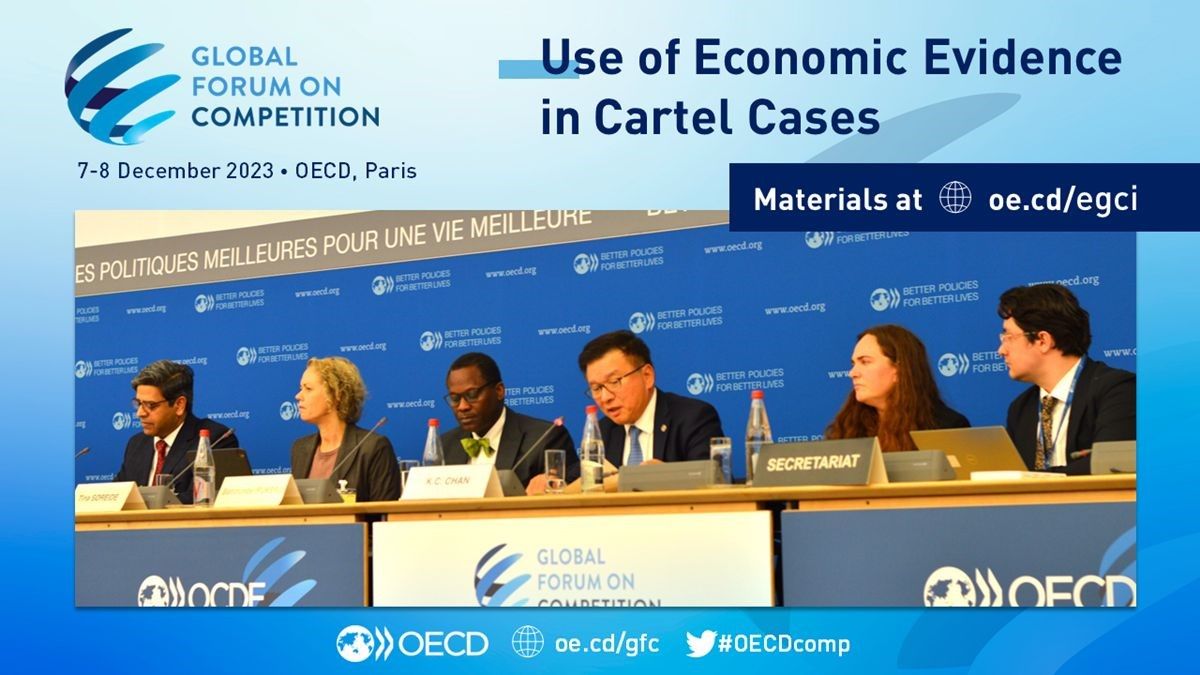 Skjermdump fra Global Forum on Competition med tittelen Use of Economic Evidence in Cartel Cases og et bilde av 6 paneldeltakere.