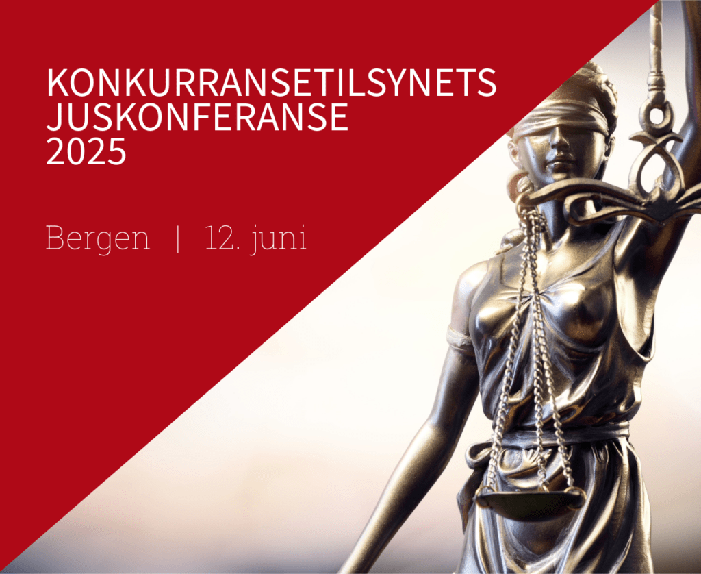 Plakat med tekst Konkurransetilsynets juskonferanse 2025. bergen, 12. juni.