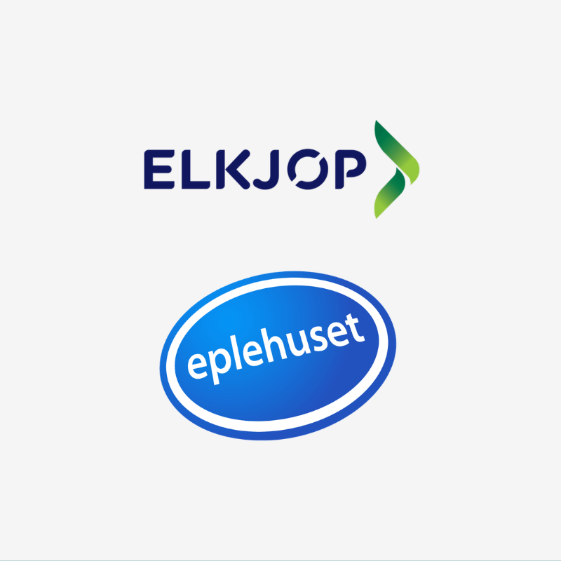 Illustrasjonsgrafikk. Elkjøp og eplehuset sine logoer på en grå bakgrunn.